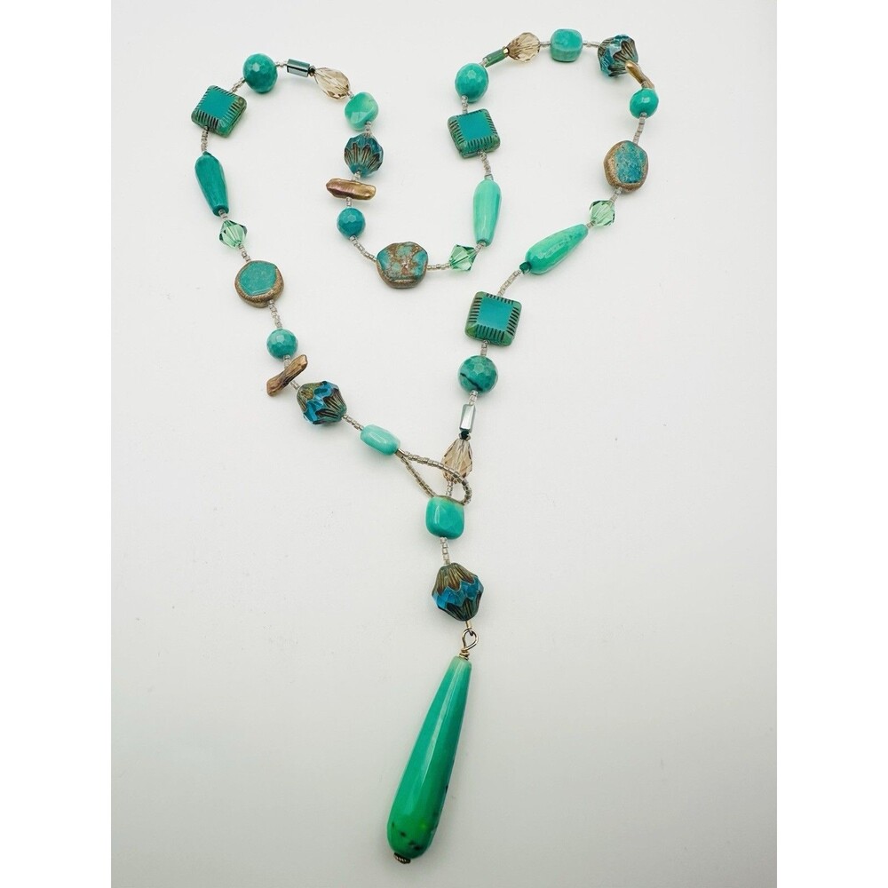 Artisan Handmade Old Glass Bead Pearl Gemstone Necklace 22”
